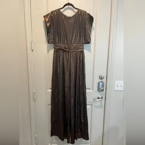 MISA Los Angeles Sophia Metallic Bronze Wide Leg Jumpsuit Medium NWT